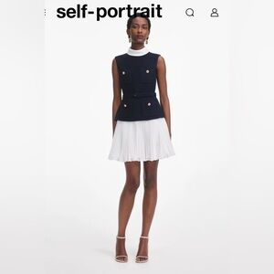 NEW Self-Portrait Navy Blouce and Chiffon Sleeveless Dress with Pleated Skirt